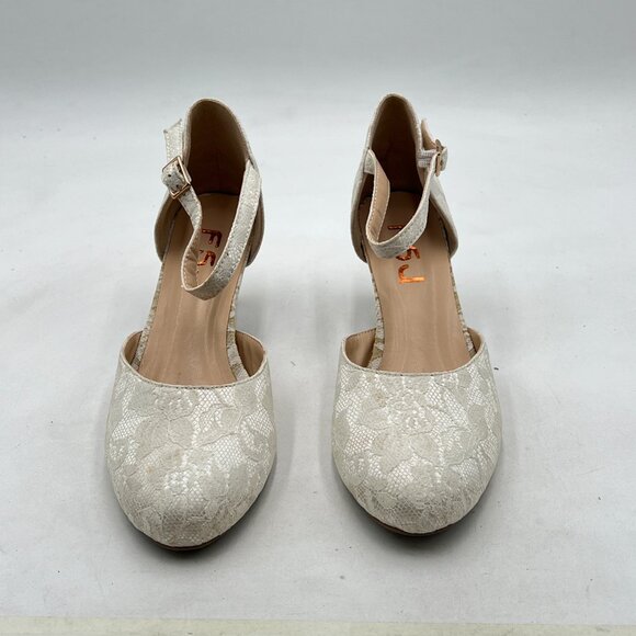 FSJ White Lace Round Toe Kitten Heel Ankle Strap Pump Office Prom Dress Shoes - Picture 2 of 7
